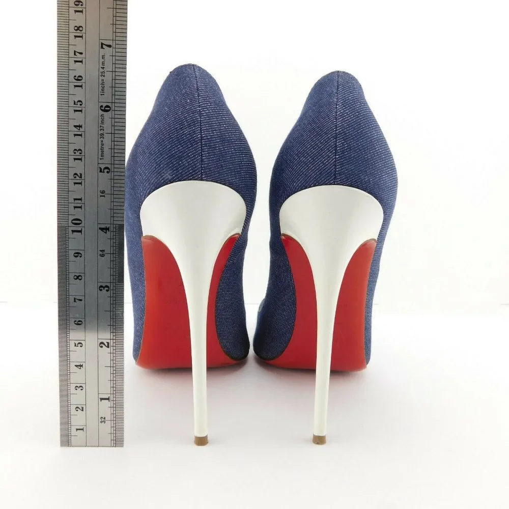 CHRISTIAN LOUBOUTIN Denim Blue Jean White Leather Stiletto Heel Pumps 38